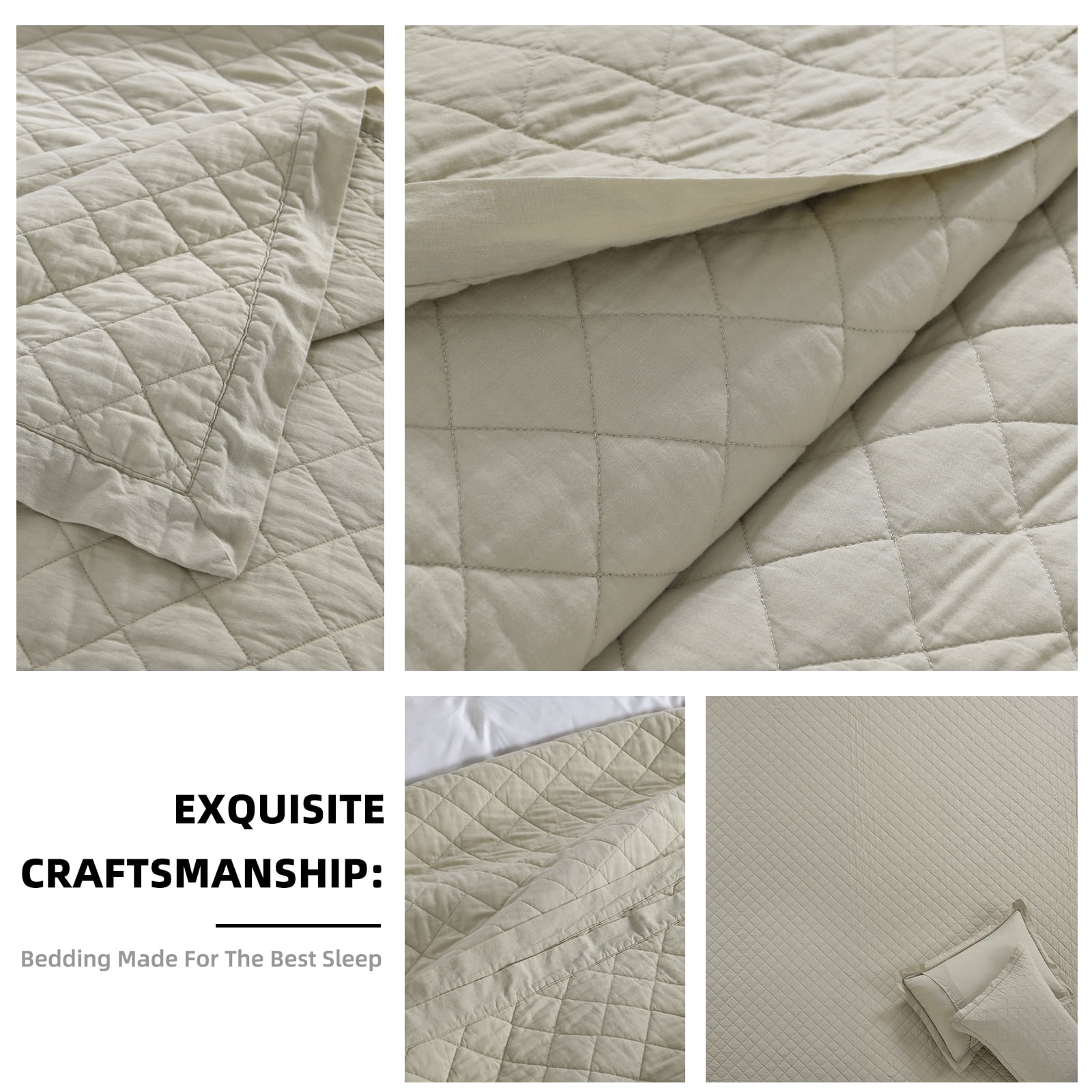 PANGUSHAN 100% Cotton King Quilt Set, Elegant Diamond Pattern Solid Color King Size Quilt Bedding Set Bedspreads, Reversible Quilted Lightweight Comforter, Beige Bed Spread for King Bed, 3pcs