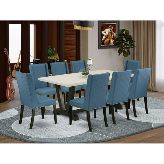 East West Furniture V-Style 9-piece Traditional Wood Kitchen Table Set in Black