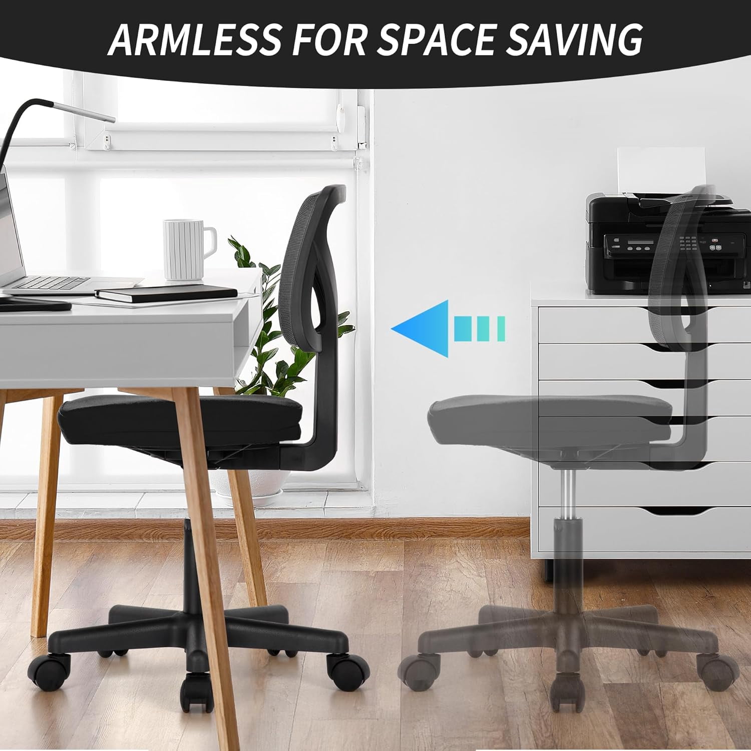 QUIOCOZY Armless Small Home Office Desk Chair, Ergonomic Low Back Computer Chair, Adjustable Rolling Swivel Task Chair with Lumbar Support for Small Space