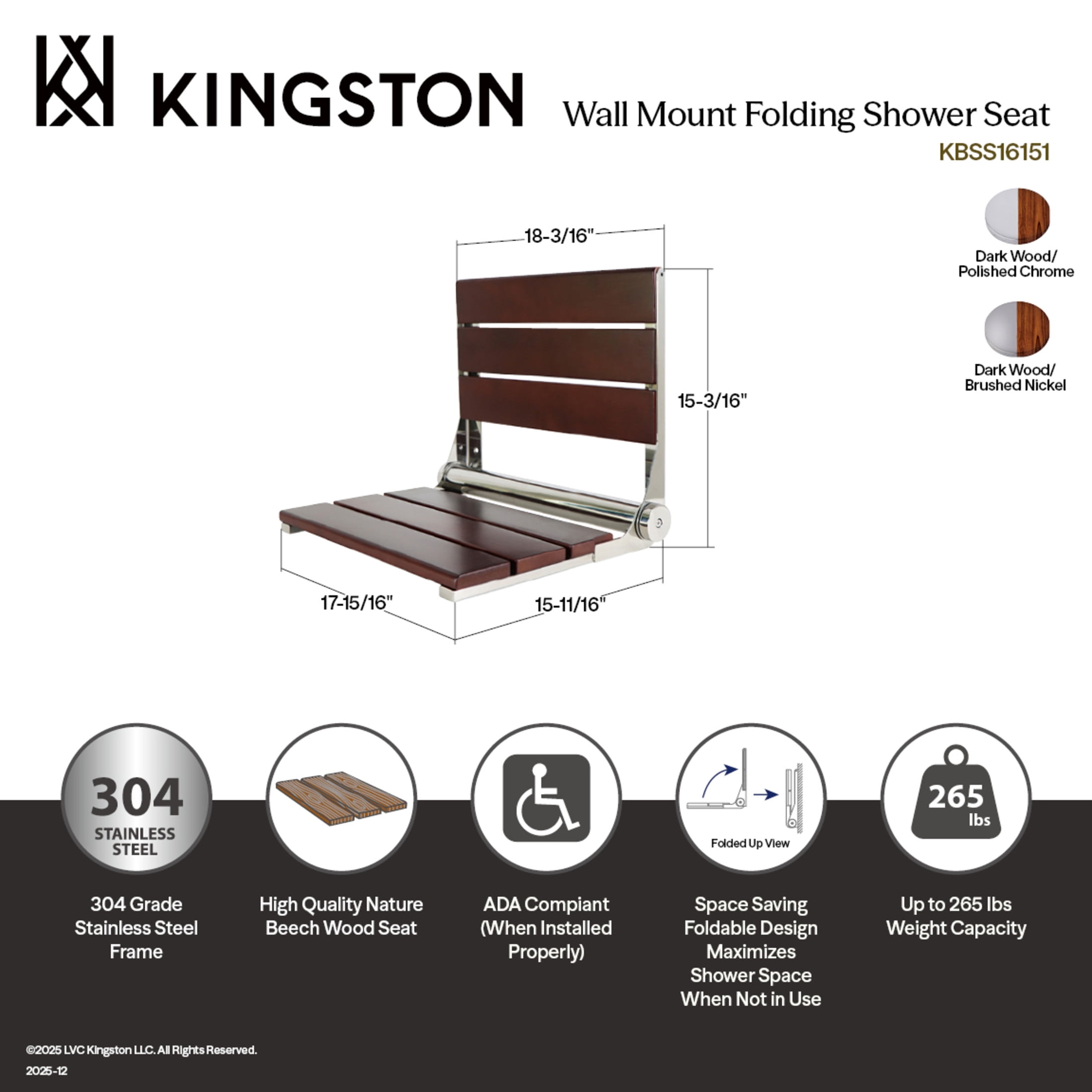 Kingston Brass KBSS16158 Soutien 3-Slat Shower Seat, Dark Wood/Brushed Nickle