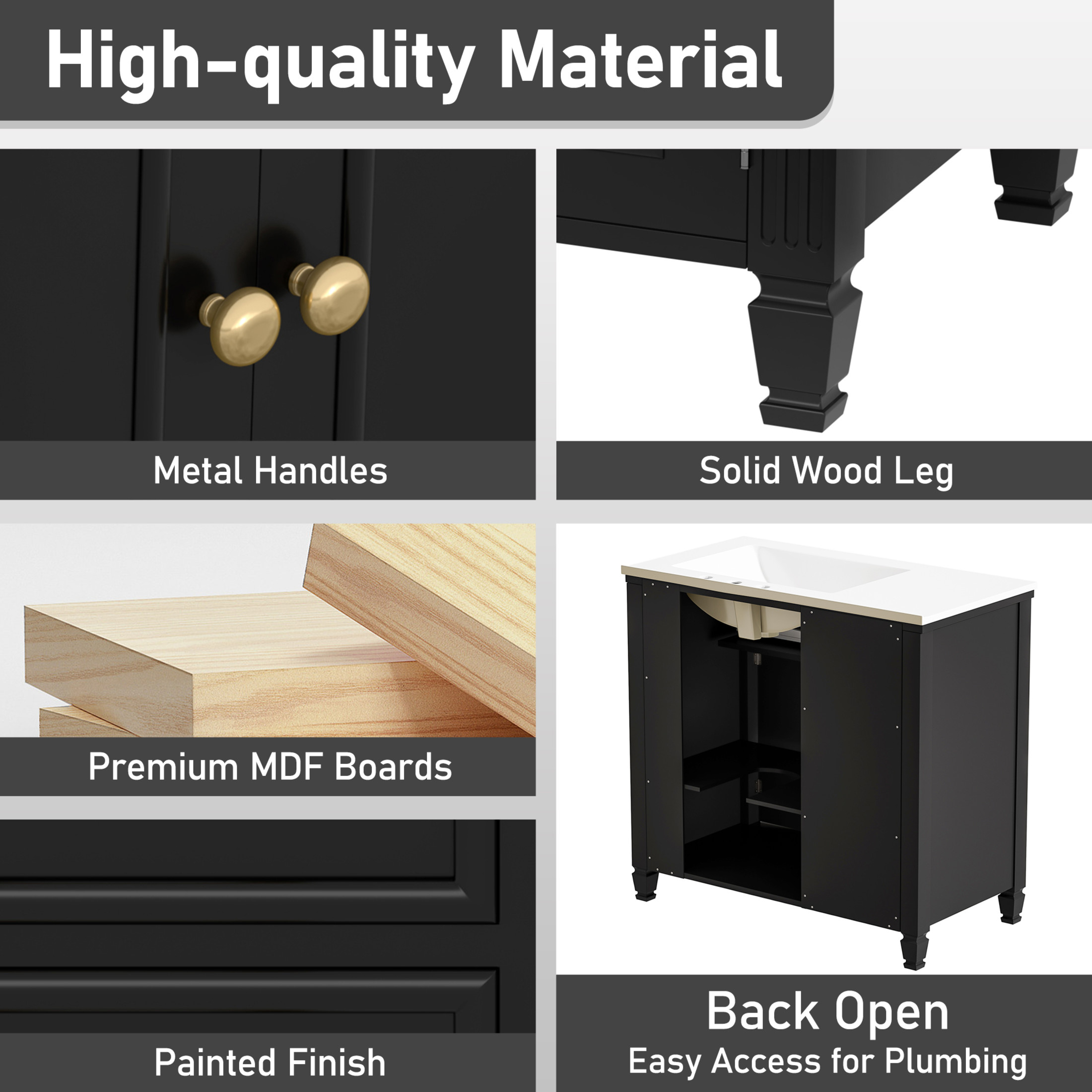 Christopher Knight Home 36" Bathroom Vanity with Sink, Tip-out Drawers & Gold Metal Handles, Black