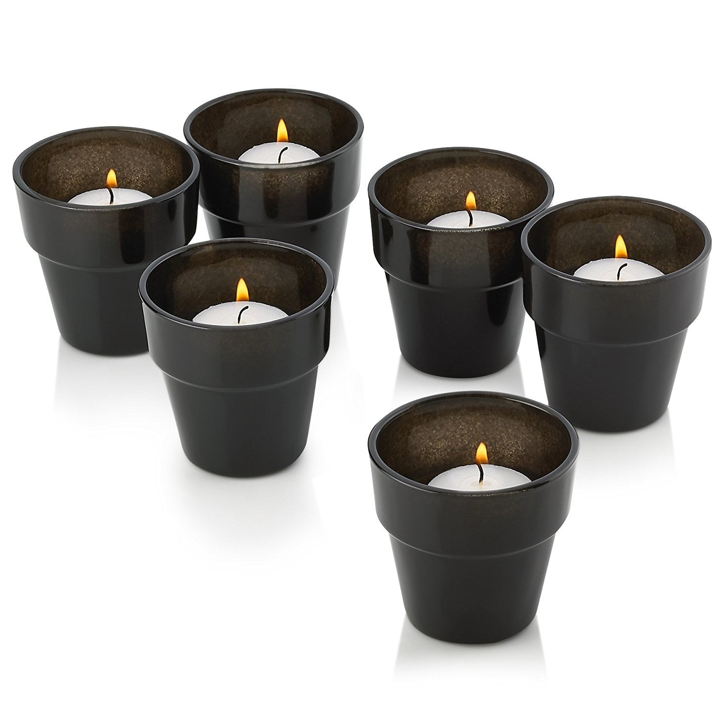 Black Glass Flower Pot Votive Candle Holders With White Fresh Linen
