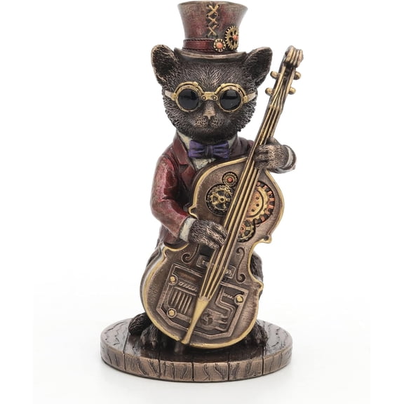 Veronese Design Steampunk Cat Jazz Bass Musician Resin Figurine Cold Cast Bronze Finish 5 1/4 In