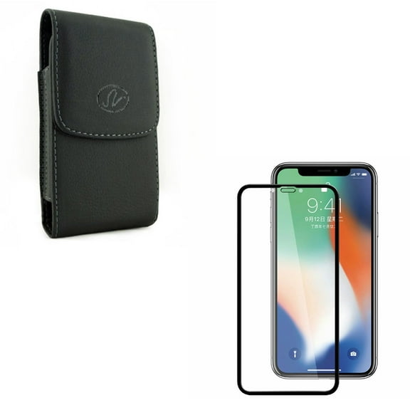 For iPhone XR  - Black Leather Side Case w Anti-Glare Tempered Glass Screen Protector B8D