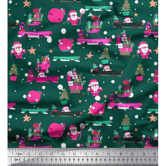 Soimoi Satin Silk Fabric Gift Box,Car & Santa Christmas Fabric Prints by Yard 42 Inch Wide