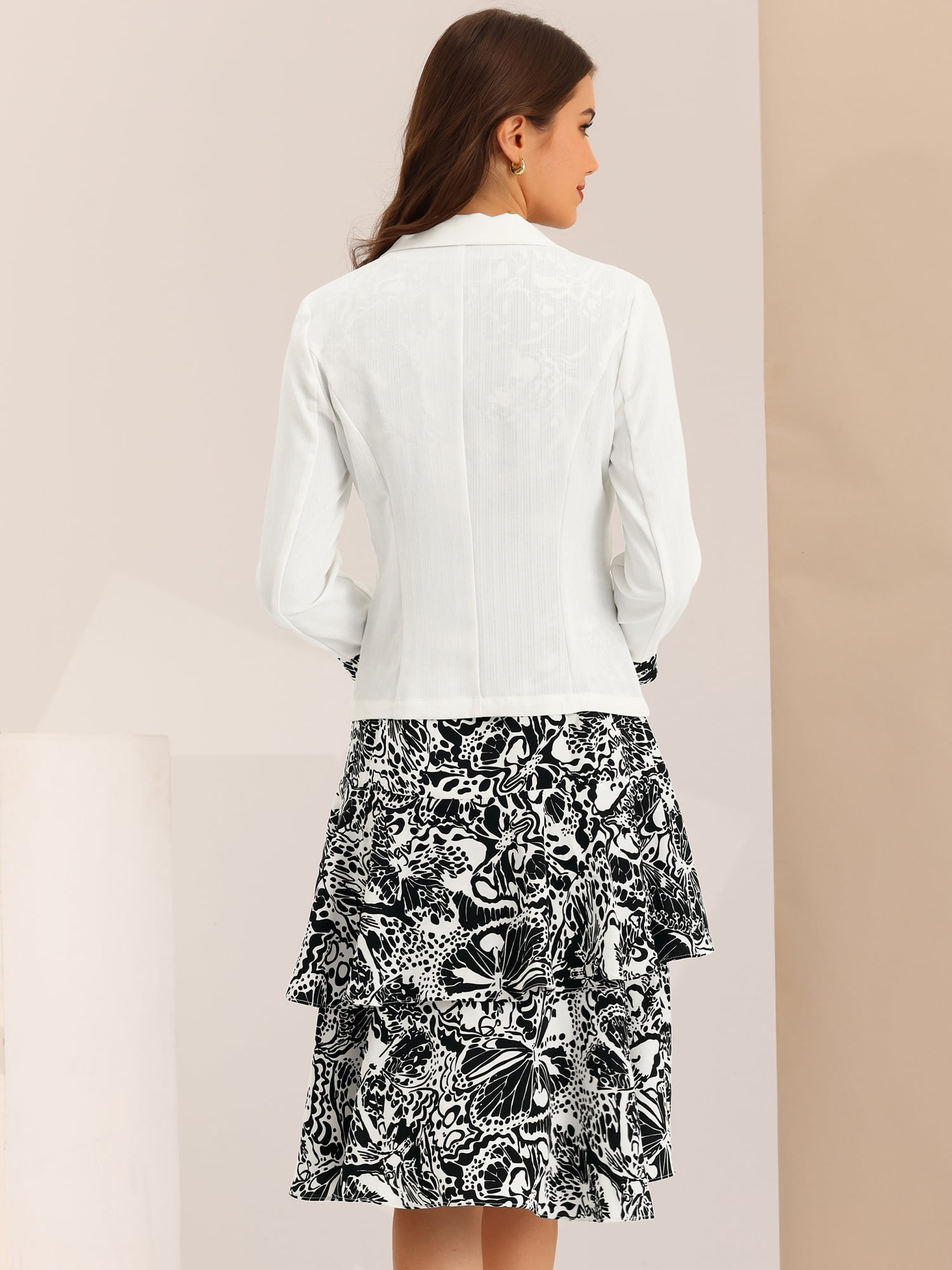DARING DIVA Women's Work Chiffon Contrast Panel Jacket Dress Sets L White