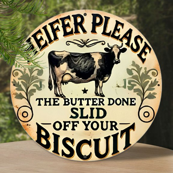 1pc, 8x8 inches Round Metal Sign, "Heifer Please The Butter Done Slid Off Your Biscuit" Humorous Wall Art, Rustic Farmhouse Decor for Home, Bar, Cafe, Garage, Festive Christmas, Thanksgiving, Hallowee