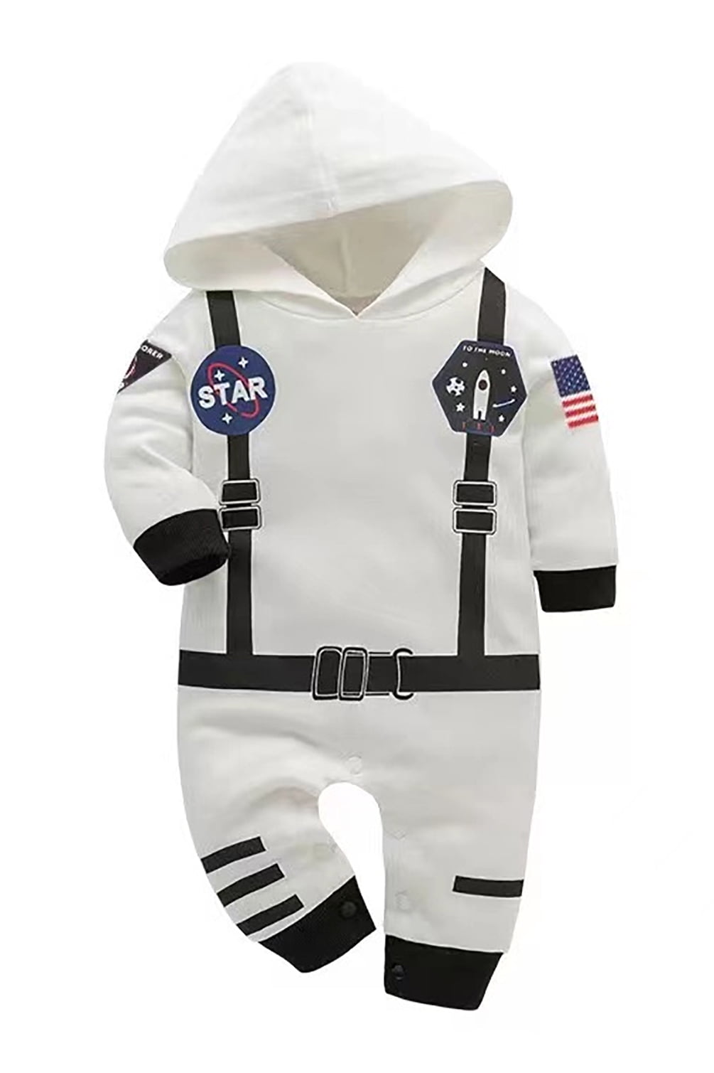 StylesILove Baby Toddler Boy Long Sleeve Astronaut Cotton Onesie Hooded Romper Cosplay Party Halloween Jumpsuit Outfit (18 Months, White - Long Sleeve)