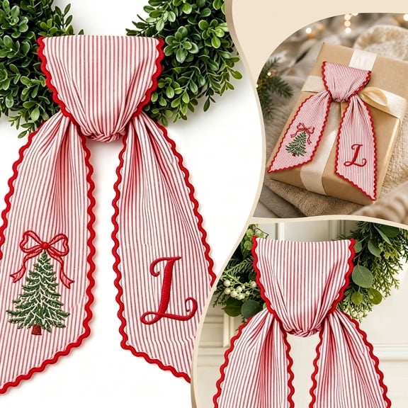 PLPPYFS Christmas Wreath Sash, Pink Striped Letter Wreath Bow Sash with Embroidered Christmas Tree, Scalloped Red Edge Holiday Wreath Decor, Front Door Wreath Sash Decoration