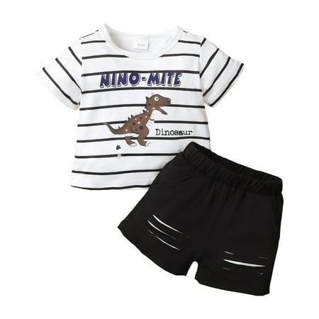 

Baby Boys Outfits Short Sleeve Round Neck Letter Print Dinosaur Print Stripe T-shirt Top +Shorts 2Pcs Clothes Set 9-12 Months Black