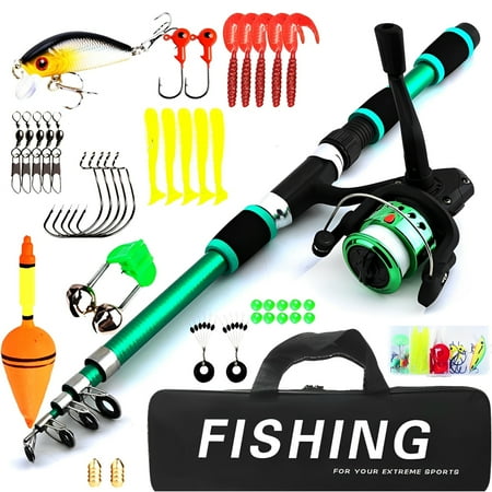 Fishing Rod and Reel Combo 70 Inch Telescopic Casting Rod Pole with Spincast Reel Tackle Box and Hooks Lures Swivels Carry Bag Portable Fishing Gear Set for Beginners Green