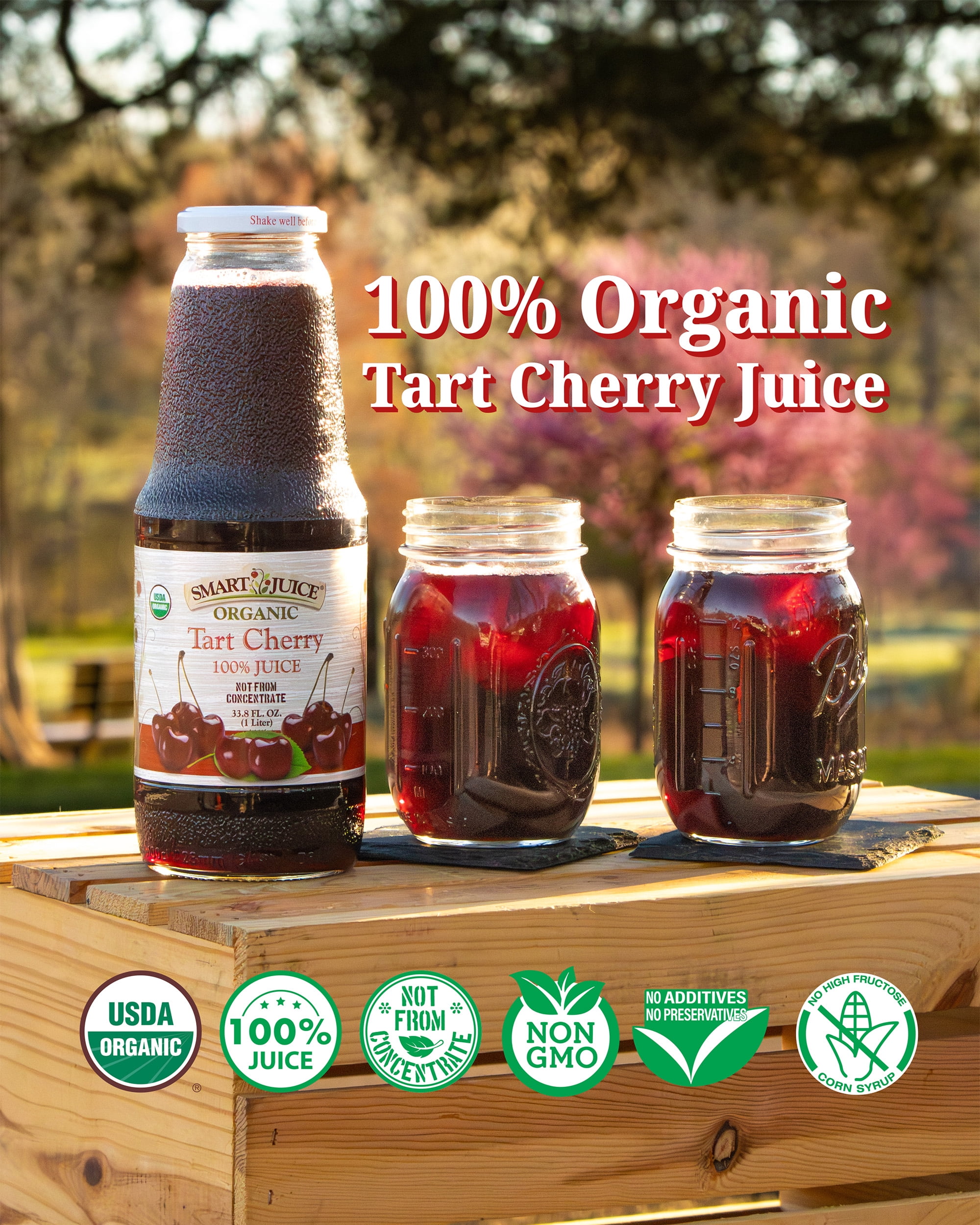 Smart Juice Organic Tart Cherry Juice  - 100% Juice, Not From Concentrate - 33.8 fl oz (1L) - (case of 6)
