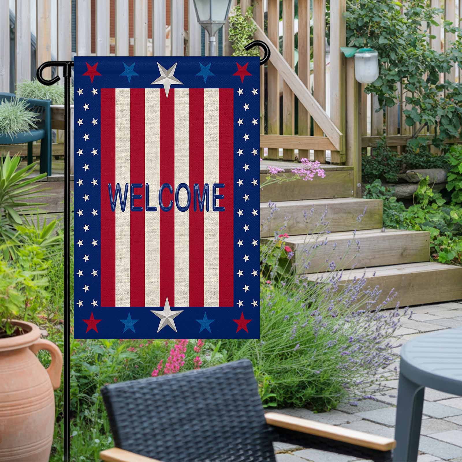 4th of July Garden Flags American Flag Stripes Garden Flag Double Sided Welcome Flag Red Blue White Stars Letters Independence Day Yard Flags for Outdoor Lawn Porch Memorial Day Decor 28x40 Inch