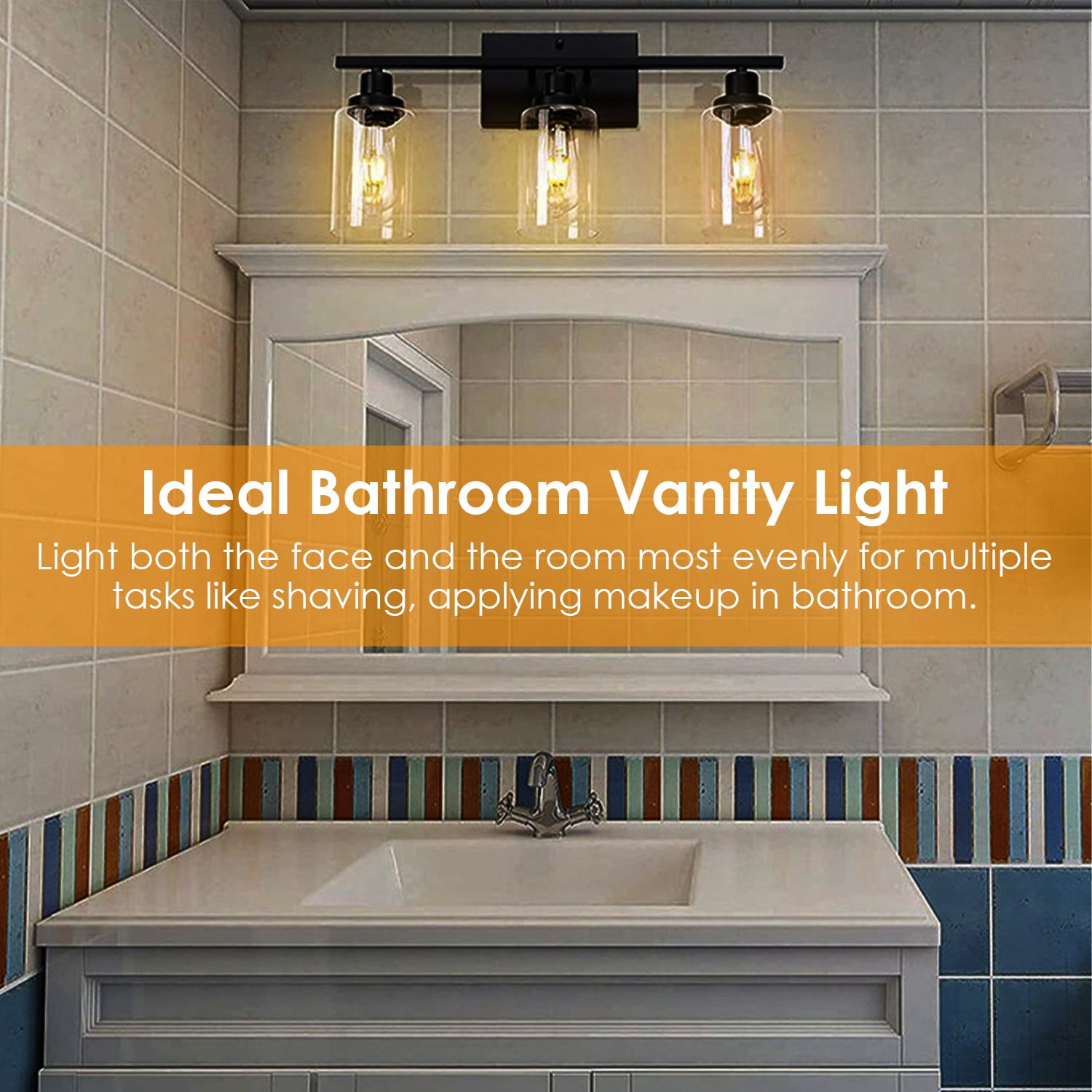TeqHome Wall Light Sconce, 3 Light Wall Sconce Lighting with Clear Glass Shade, Bathroom Vanity Lamp Hallway Light Fixture Sconces Wall Lighting, Modern Mounted Light for Living Room, Metal Finish