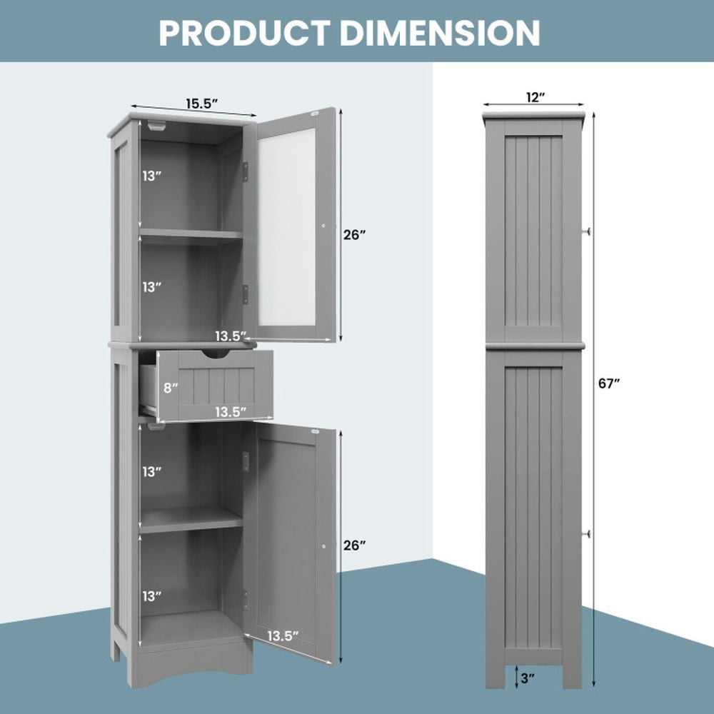 Finihen Storage Cabinet, Floor Cabinet, Tall Floor Storage Cabinet with 2 Doors and 1 Drawer for Bathroom, Living Room, Bedroom, Kitchen, Gray