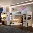 thumbnail image 4 of Euroco Wood Full over Full Bunk Bed with Twin Loft Bed,  L-Shaped 3 Beds with 2 Desks, Drawers and Pegboards, Storage Gaming Bed with LED Light and USB Charging, White, 4 of 10