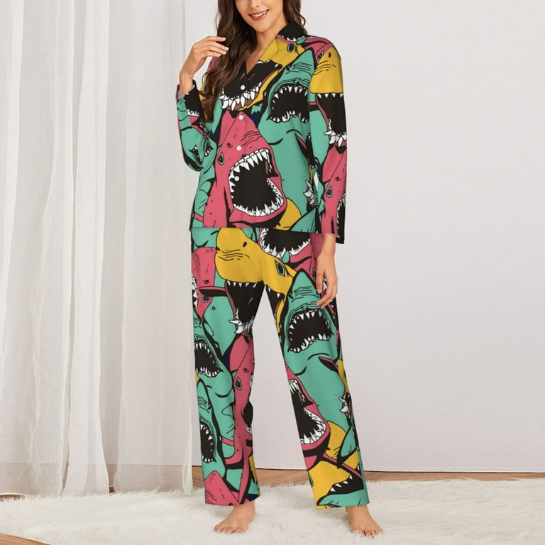 Junzan Angry Shark Pattern Print Womens Pajama Sets Long Sleeve Button Down For Women Pjs 2 Piece Walmart