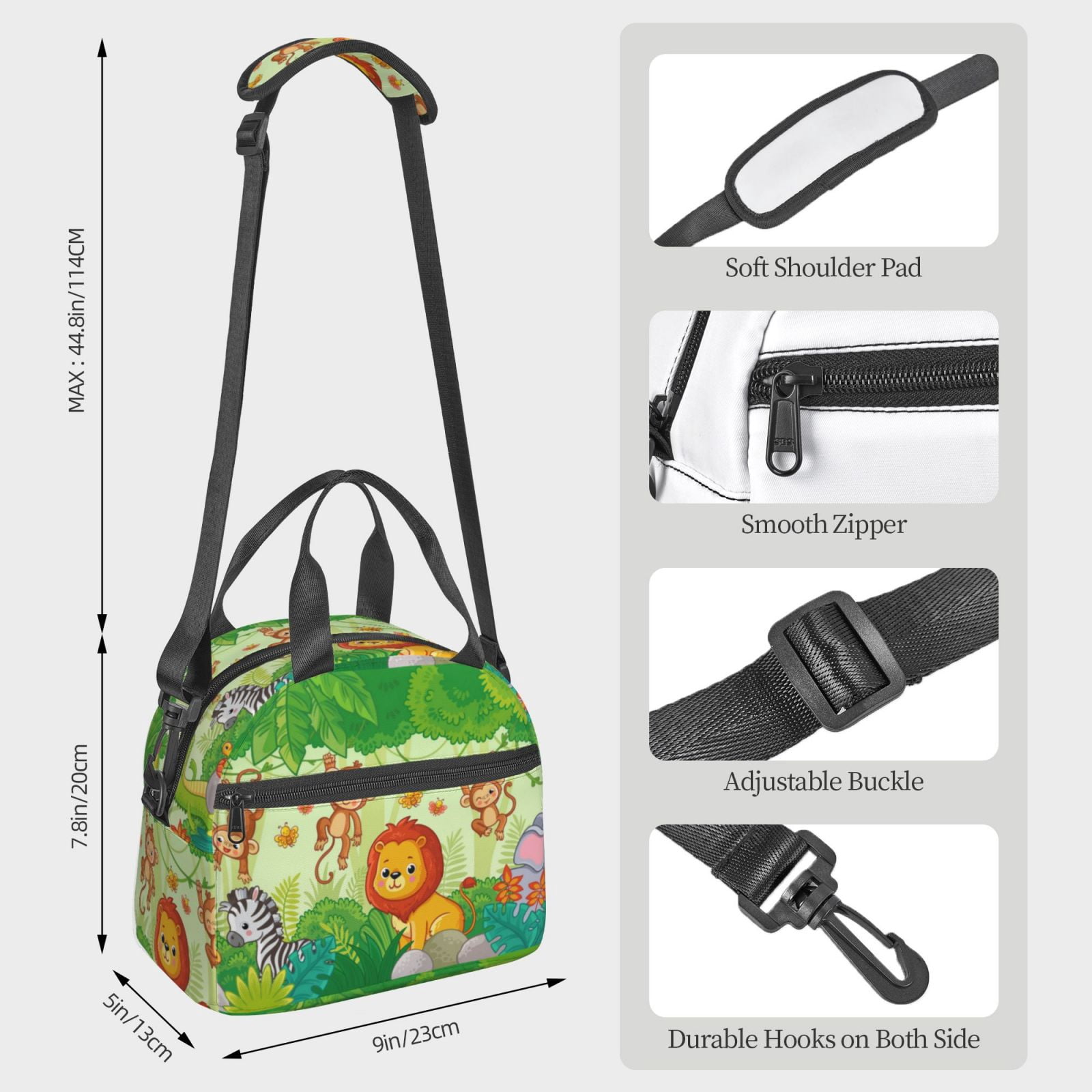 Xecao African Animals in the Jungle Print Insulated Lunch Box, Lunch Cags Lunch Bag Featuring An Adjustable Shoulder Strap