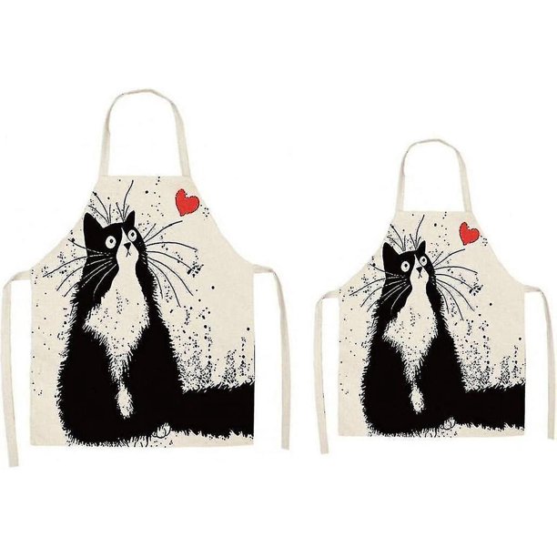 Delantal para padres e hijos, delantales de cocina con estampado de gato bonito, lino y algodón, 2 uds.