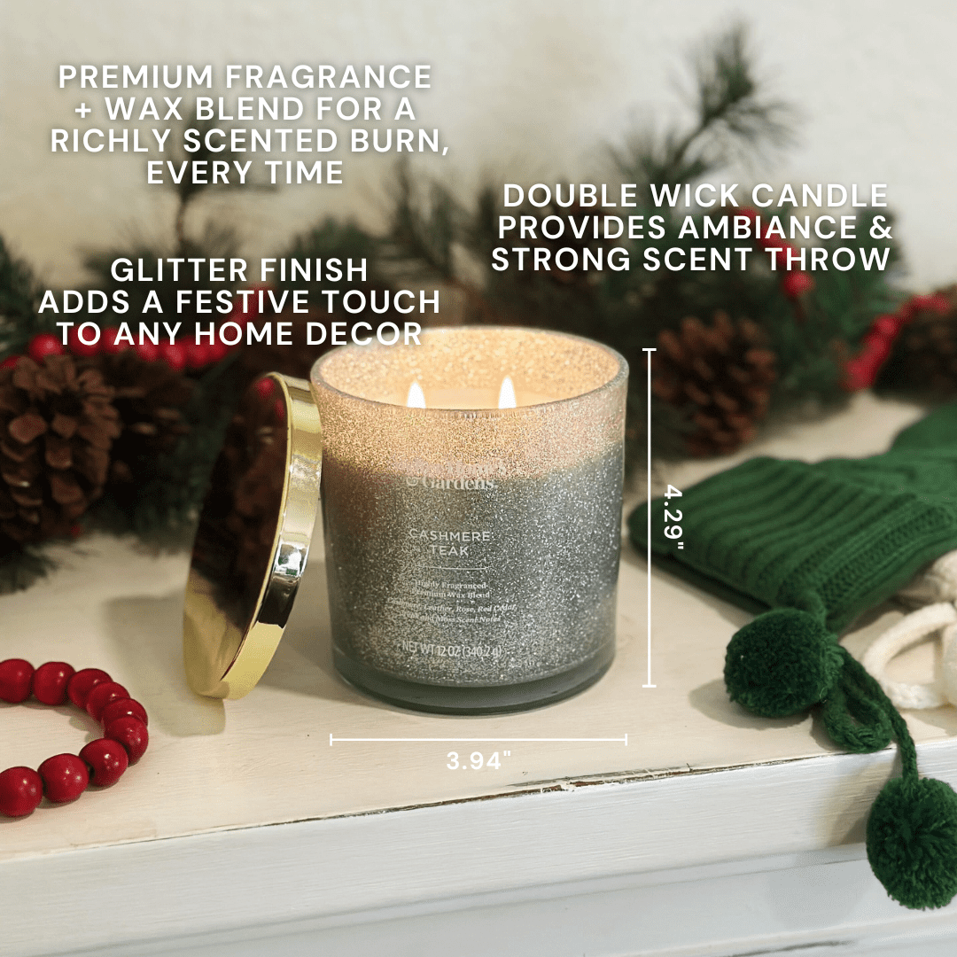 Better Homes & Gardens 12oz Cashmere & Teak Scented 2 - Wick Glitter Jar Candle
