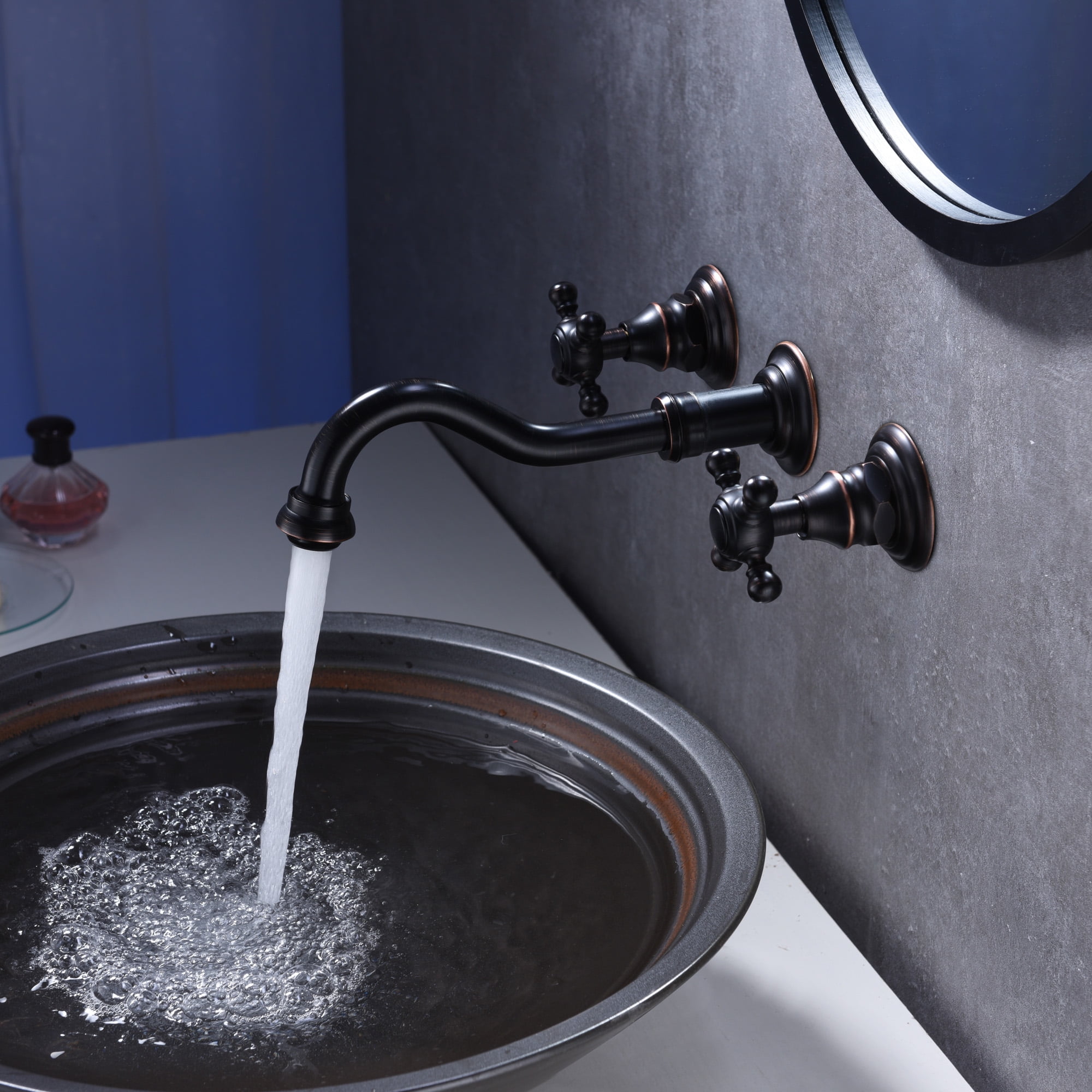 SUMERAIN Wall Mount Bathroom Sink Faucet Vintage Oil Rubbed Bronze 3 Holes 2 Cross Knobs Lavatory Basin Faucet, Rough-in Valve Included