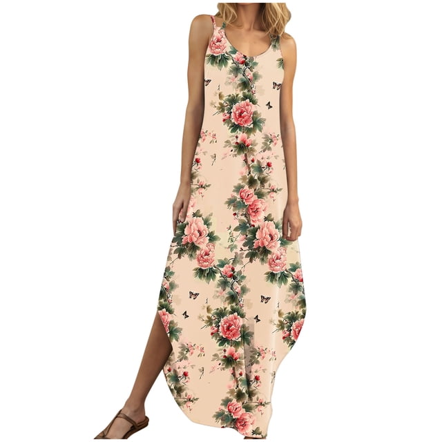 yoeyez Robes pour Femmes Été Maxi Été Sans Manches Longueur au Sol Longue Robe d'Été Grande Taille Imprimé Col en V Robes Plage Coupe Ample Fluide Multicolore,m
