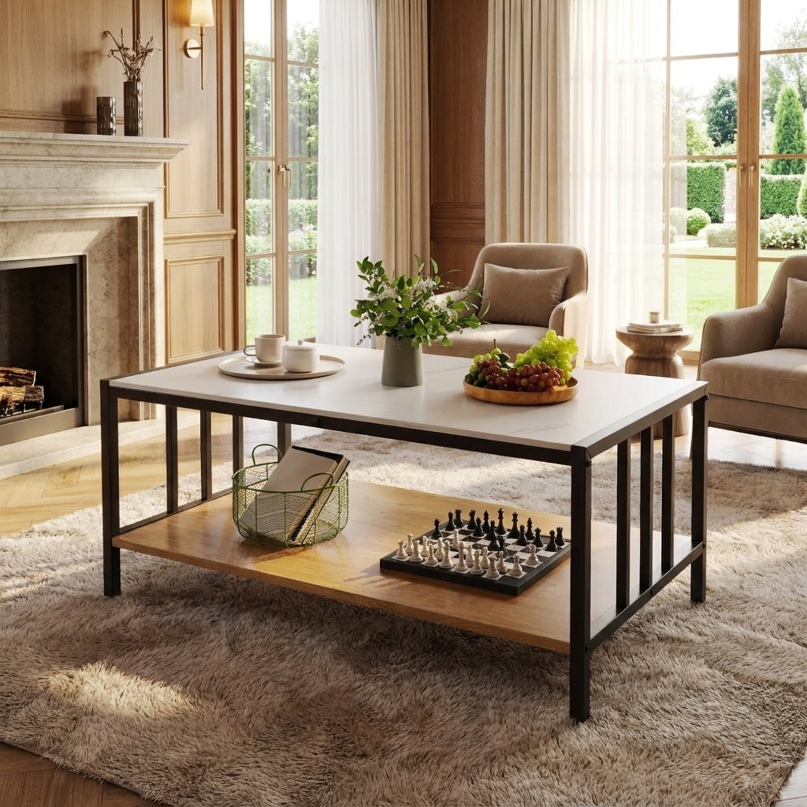 Furnibear 2 Tier Coffee Table with Sintered Stone Tabletop - White - Living Room Cocktail Center Table