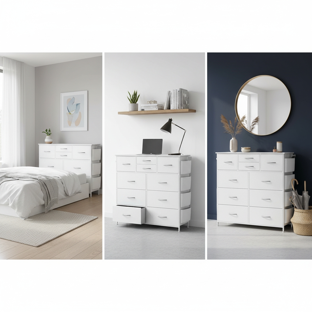 CONCETTA Dresser Storage with 10 Drawers,Storage Organizer for Closet, Wood Top for Bedroom, Living Room, White
