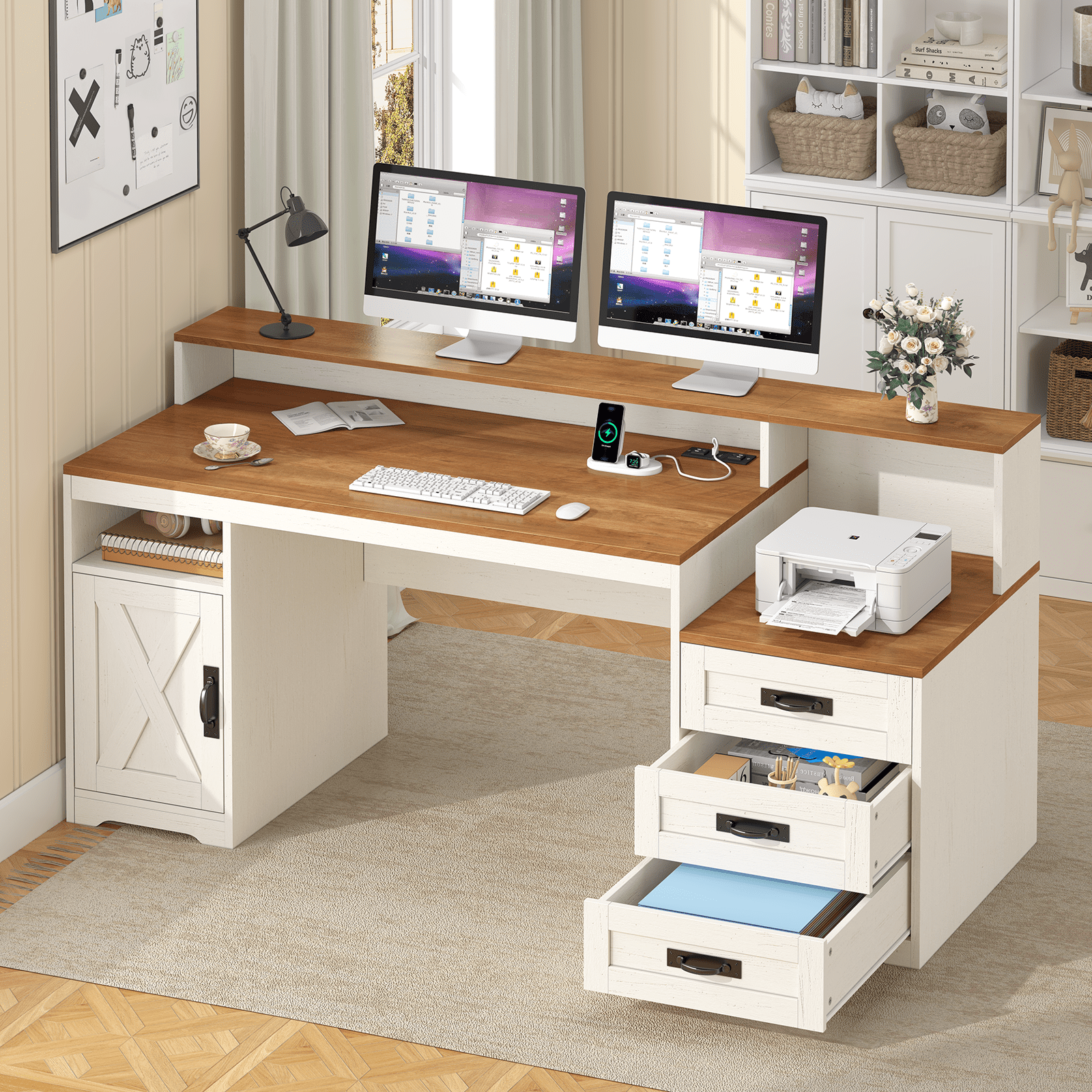 Farmhouse Computer Desk with Drawers, 65'' Home Office Desk with Power Outlets, Storage Cabinet and Printer Stand, Study Writing Desks with Long Monitor Stand, Brown and White