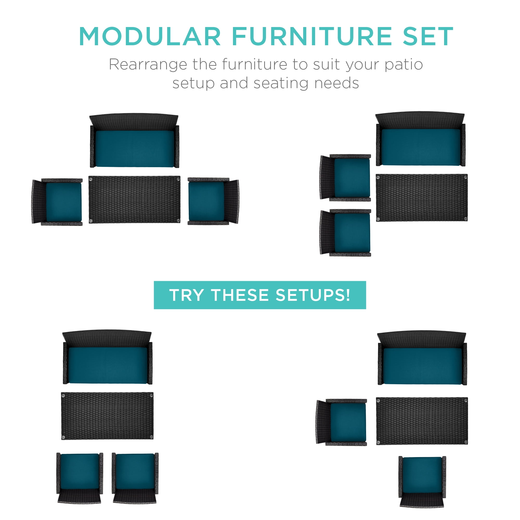 Best Choice Products 4-Piece Outdoor Wicker Patio Conversation Furniture Set w/ Table, Cushions - Black/Peacock