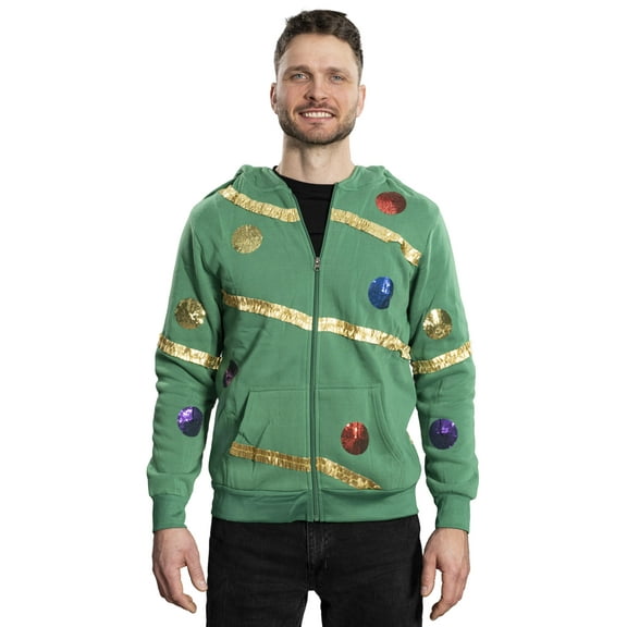 Extreme Christmas Tree Hoodie with Balls and Stars Green Zip-Up Costume Sweatshirt for Holiday Parties