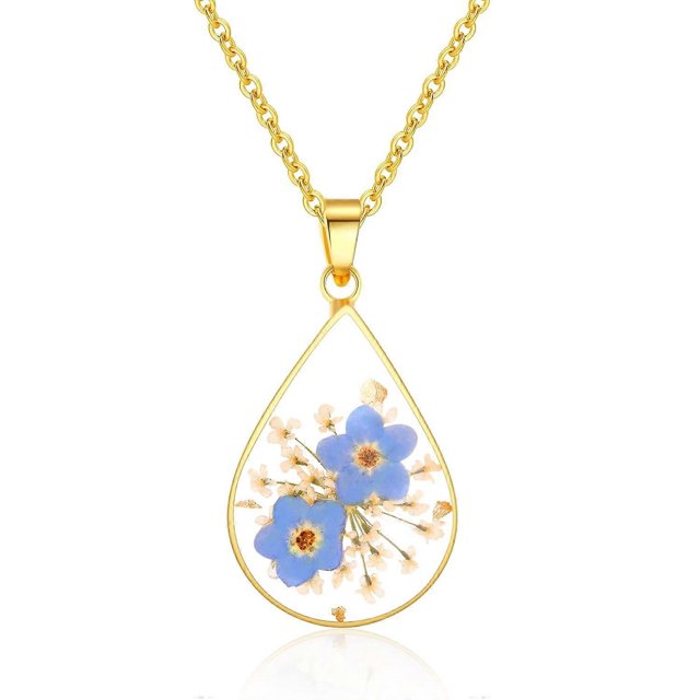 Forget-me-not and wild carrot flower pressed wildflower necklace | teardrop pendant necklace | gold plated pressed flower necklace | handmade necklace