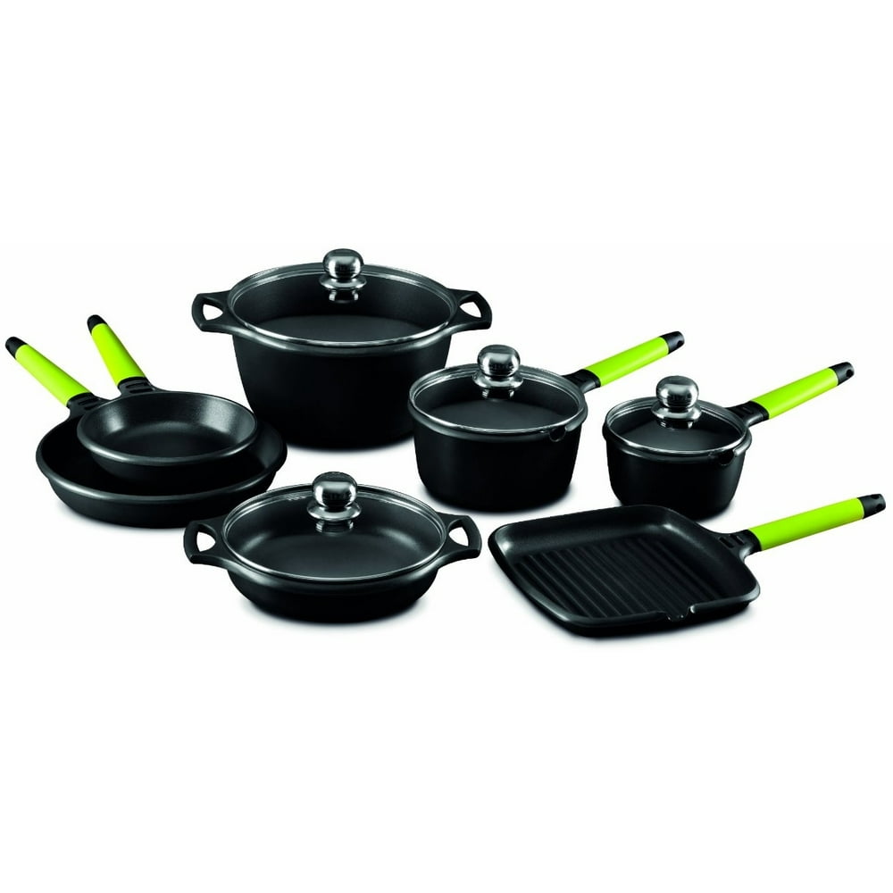 Fundix 11 Piece Black Cast Aluminium Cookware Set with Removable Kiwi