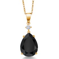 Gem Stone King 18K Yellow Gold Plated Silver Black Onyx and White Moissanite Pendant Necklace for Women (7.47 Cttw, Pear Shape 16X12MM, Gemstone, with 18 inch Chain)