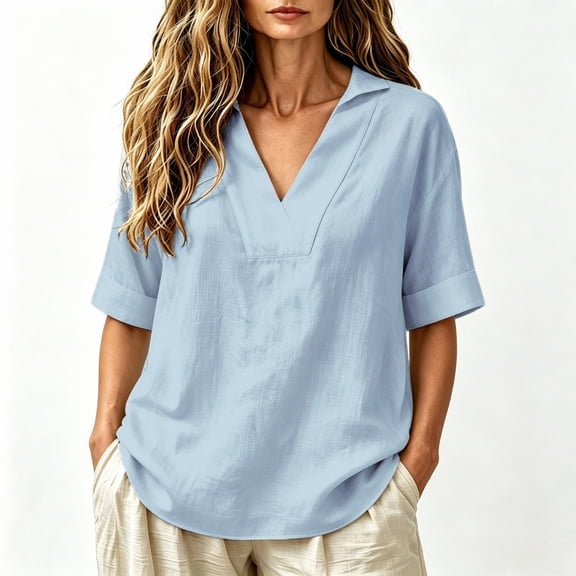 Asgosdo Cotton Linen Tops for Women Plus Size Half Sleeve V Neck Solid Color Loose Fit Blouses Basic Comfy Shirts