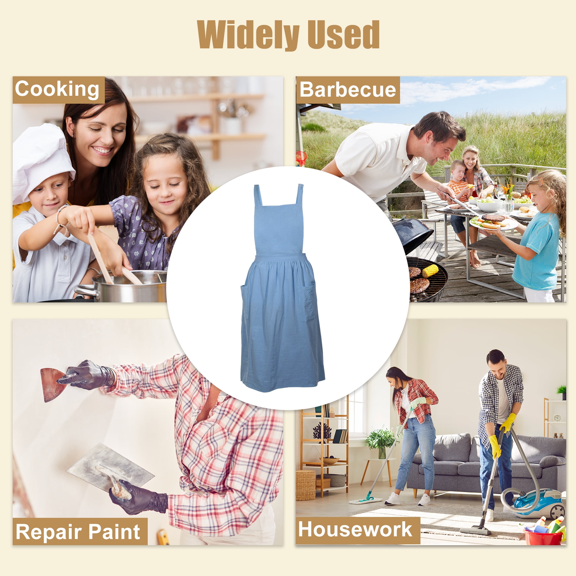 Unique Bargains Cotton Linen Cross Back Apron with Pockets Blue