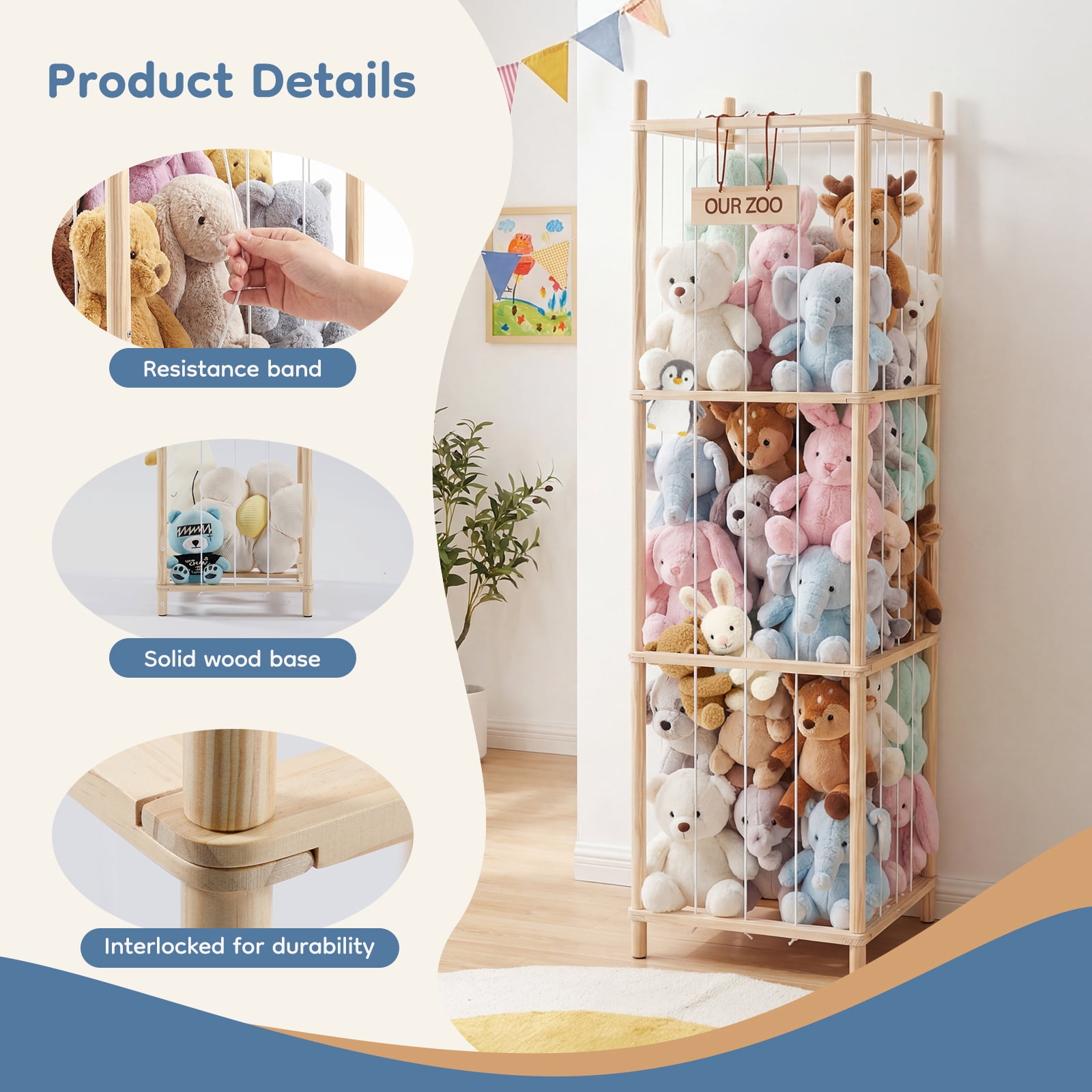 CONCETTA Toy Storage Organizer, Wooden Toy Holder Cage - Holds 40+ Plush Toys, Sturdy Wood & Steel Screw Construction for Toddler Room, Playroom, Bedroom, Wood