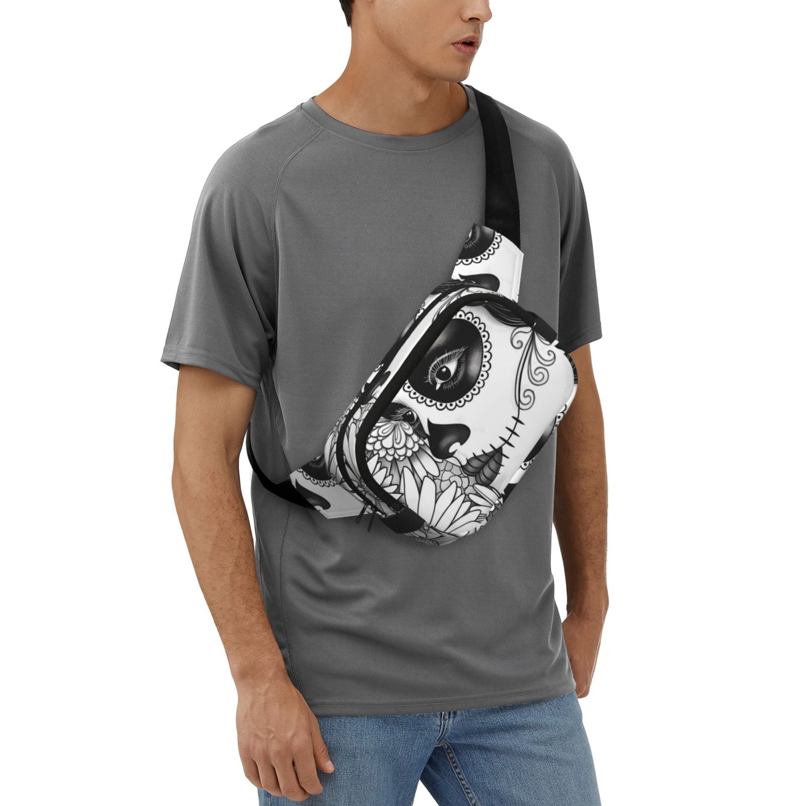 Fuzoiu Floral Sugar Skull Portrait Print Unisex Square Double Layer Waist Bag,Crossbody Fanny Pack Travel Workout Accessory