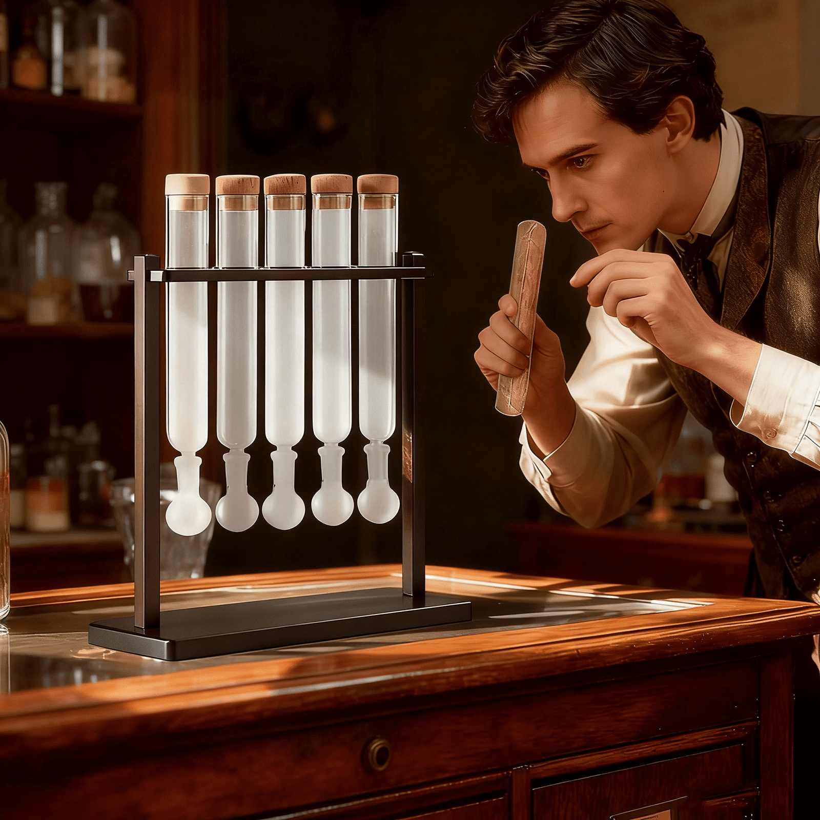 Plyzle Glass Cigar Humidifier - Retro Style with Metal Stand & 5 Glass Vials (Cork Stoppers), Complete Set for Cigar Care & Home Bar (7.09 x 2.76 x 8.27 in)