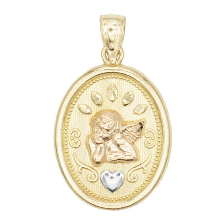 Guardian Angel Cherub 10k Solid Tricolor Gold Oval Guardian Angel with Heart Medal Necklace, Diamond Cut Finish Cherub in Love Pendant with Milgrain Edges ()