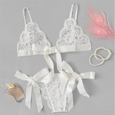 

Cathalem Boudoir Outfits Women Bra Underpant Scalloped Trim Tie Side Lace Set plus Lingerie for Women plus Size Underwear White Large