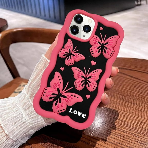 Compatible with iPhone 14 Pro Max 3D Butterfly Case with Cute Love Heart Shaped Pattern Curly Wave Frame Cover for Women Girly Slim Silicone Bumper Shockproof Protective Phone Cover, Hot Pink