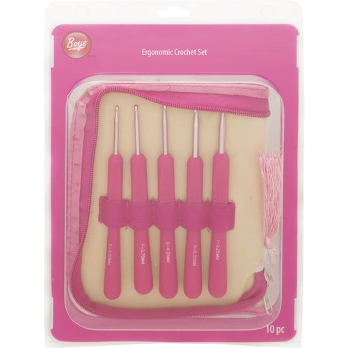 Boye Aluminum 6" Pink Ergo Crochet Hook Set, 10 Piece