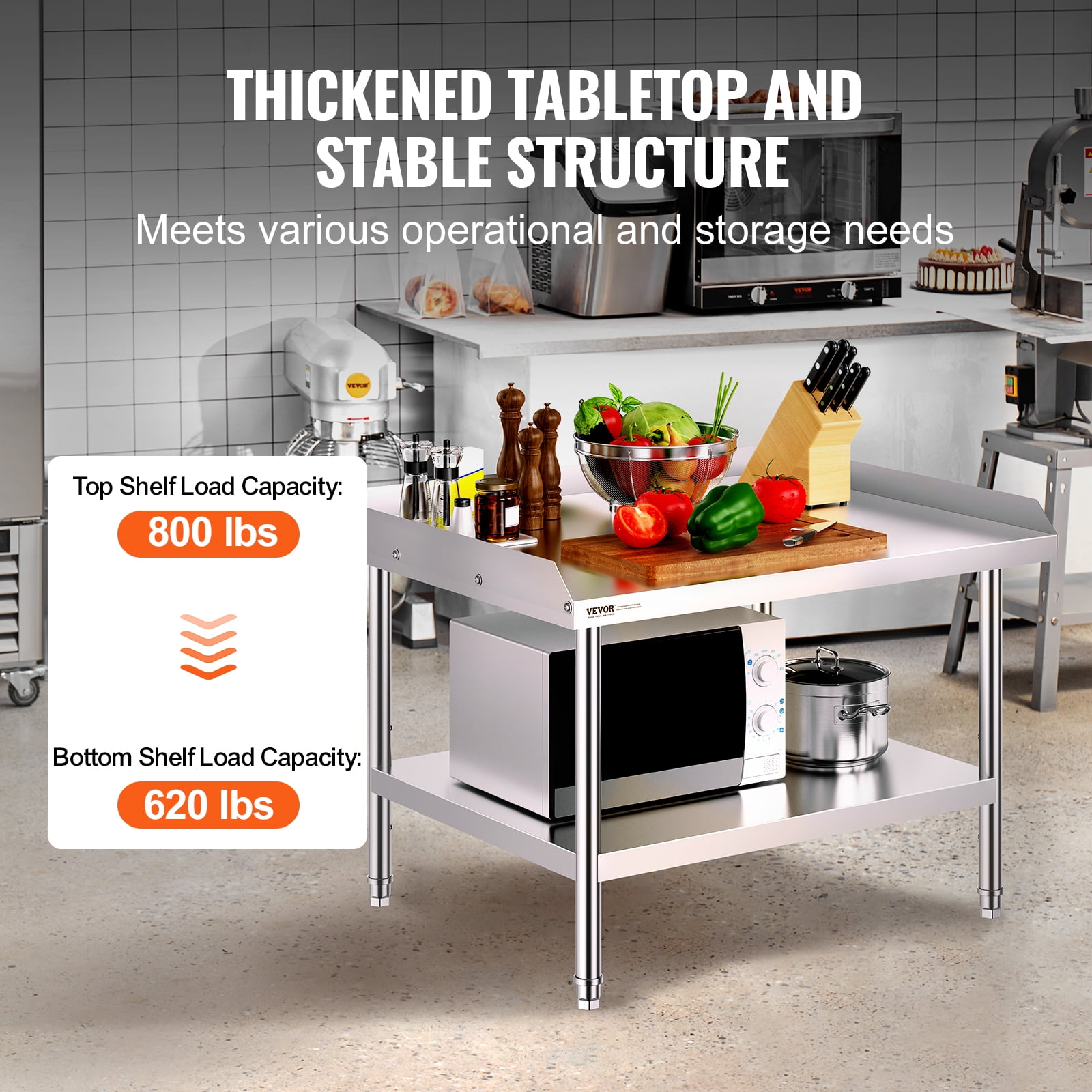 VEVOR Stainless Steel Work Table,30 x 36 x 26 Inch Commercial Food Prep Worktable,3-Sided Backsplash Heavy Duty Prep Worktable,Metal Work Table with Adjustable Height for Restaurant Home Hotel