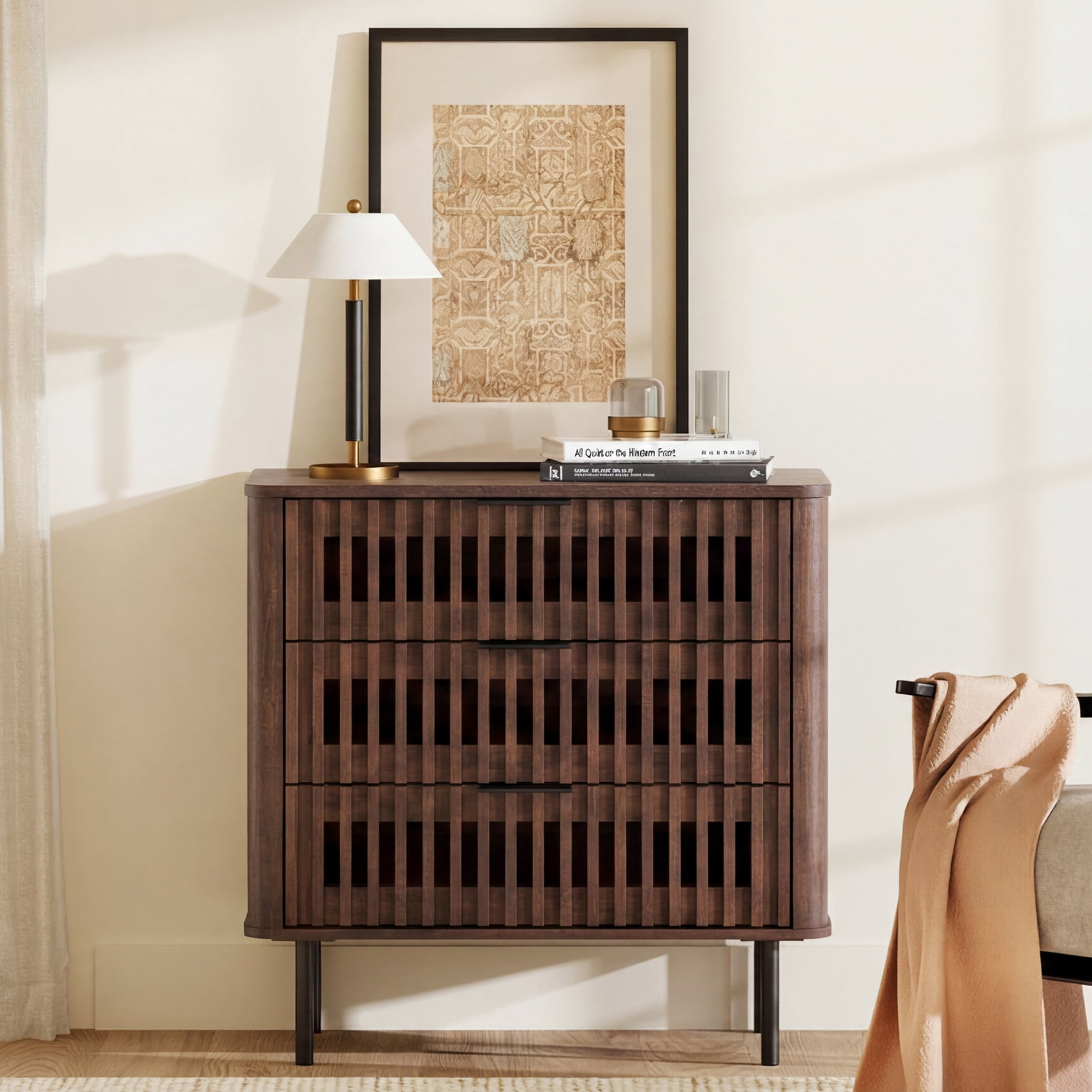 31.5"W Sideboard Buffet Cabinet with Storage, Fluted Kitchen Buffet Storage Cabinet with 3 Drawer, Large Coffee Bar Cabinet, Modern Buffet Table for Dining Living Room, Walnut