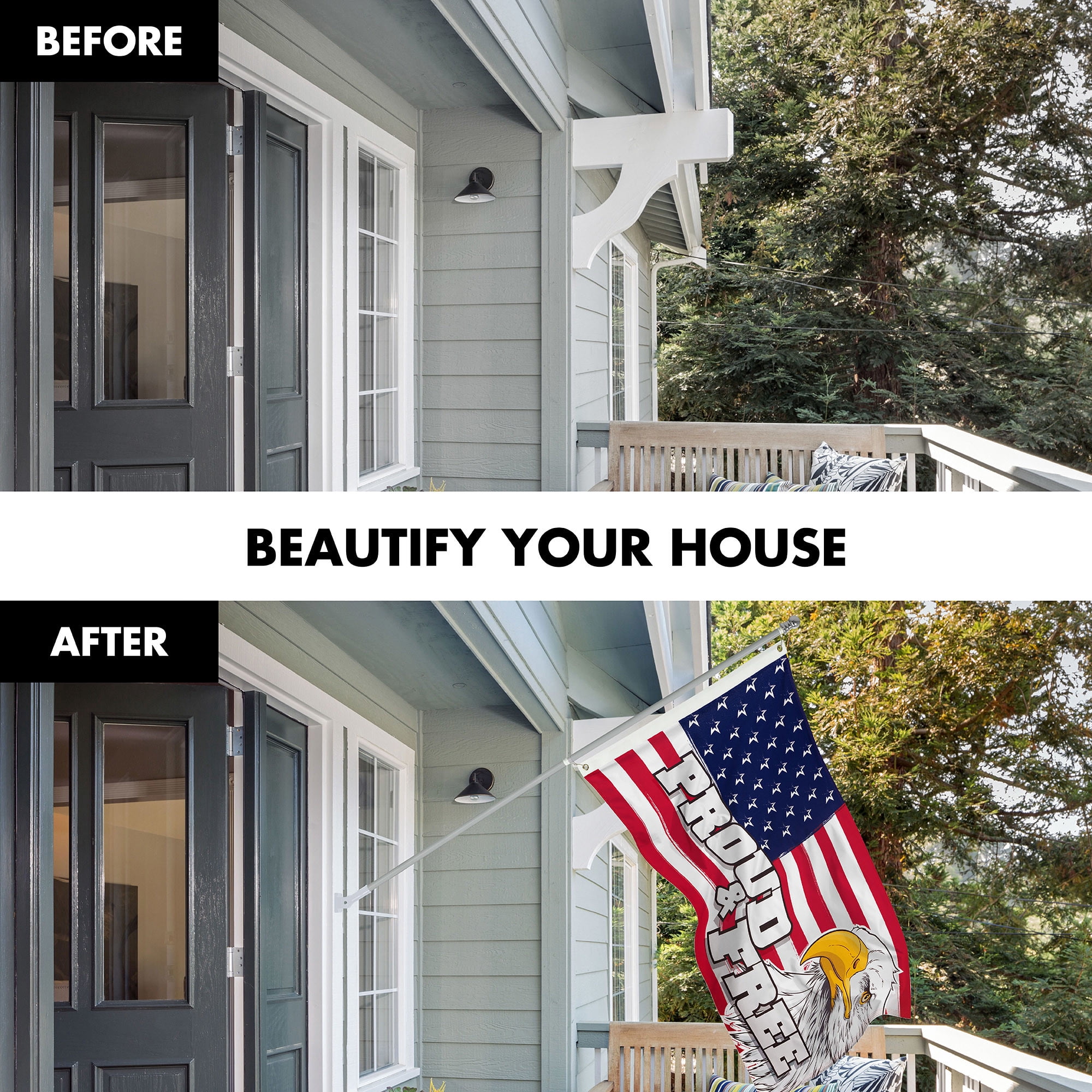 G128 Combo Pack: 6 Ft Tangle Free Aluminum Spinning Flagpole (Silver) & American USA Proud & Free Eagle Flag Flag 3x5 Ft, LiteWeave Pro Series Printed 300D Polyester | Pole with Flag Included