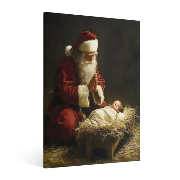 Vintage Christmas Santa Claus and Jesus Nativity Wall Art Paint - Xmas Festive Winter Holiday Christmas Wall Decor Canvas for Living Room Kitchen Bathroom Home Bedroom Decor Framed