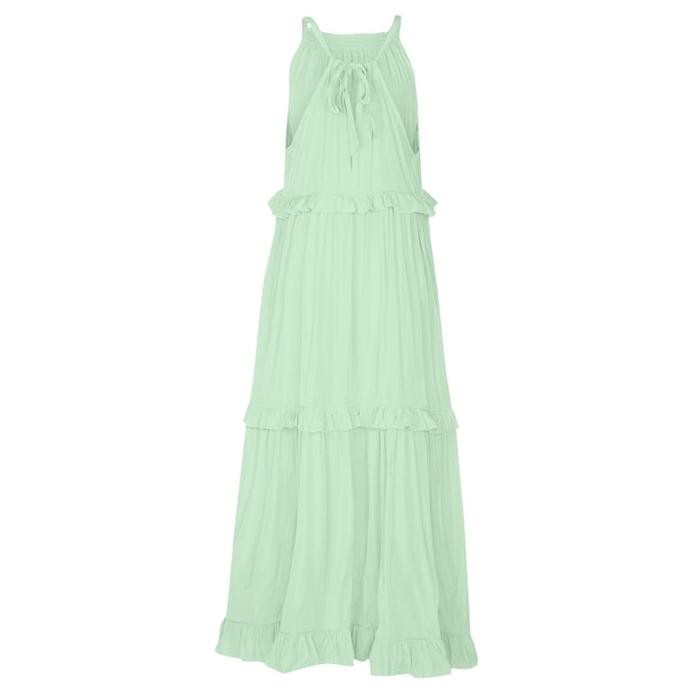 IUZSOKIL Sundresses for Women Maxi Sleeveless Halter Tie Back Ruffle Tiered  Maxi Beach Built in Bra Dress Flowy Pleated Dresses Mint Green L -  Walmart.com