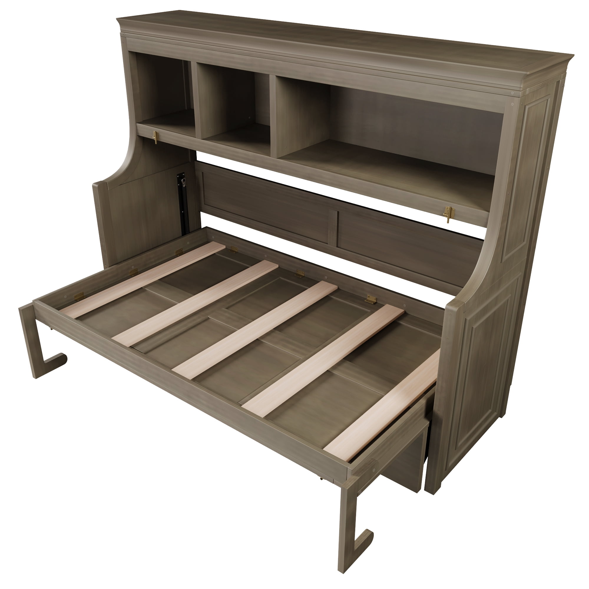 Euroco Twin Size Murphy Bed with Desk and Shelves, Convertible Wall Bed with Cabinets, Grey Wash