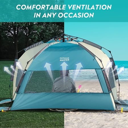 OutdoorMaster Pop Up Beach Tent for 4 Person - Easy Setup and Portable Beach Shade Sun Shelter Canopy with UPF 50  UV Protection Removable Skylight Family Size - Light Blue Gray